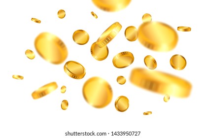 Realistic gold coins explosion isolated on white background. Vector illustration.