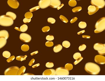 Realistic Gold Coins explosion. Isolated on dark background. Vector illustration