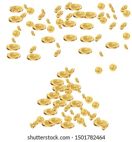 Realistic gold coins explosion isolated on white background. Vector illustration.