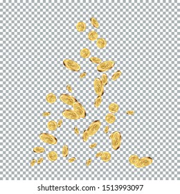 Realistic Gold coins explosion. Isolated on transparent background.