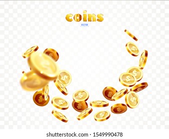 Realistic Gold coins explosion. Isolated on transparent background.