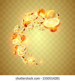 Realistic Gold coins explosion. Isolated on transparent background.