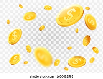 Realistic Gold coins explosion. Isolated on transparent background.