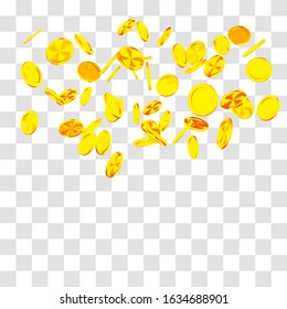 Realistic Gold coins explosion. Isolated on transparent background.