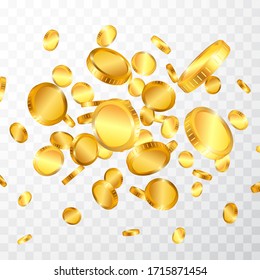 Realistic gold coins explosion isolated on transparent background. Vector illustration.