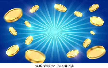 Explosión de monedas de oro realistas aisladas de fondo azul.