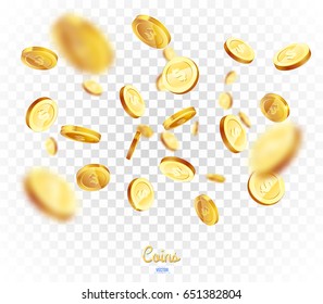 Realistic Gold coins explosion. Isolated on transparent background