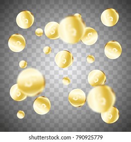 Realistic Gold coins explosion. Isolated on dark transparent background Falling coins, falling money, flying gold coins, golden rain. Jackpot or success concept. Modern background. Vector illustration
