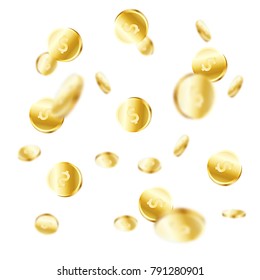 Realistic Gold coins explosion. Isolated on transparent background. Falling coins, falling money, flying gold coins, golden rain. Jackpot or success concept. Modern background. Vector illustration