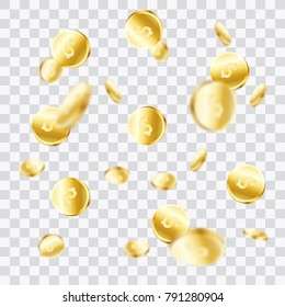 Realistic Gold coins explosion. Isolated on transparent background. Falling coins, falling money, flying gold coins, golden rain. Jackpot or success concept. Modern background. Vector illustration