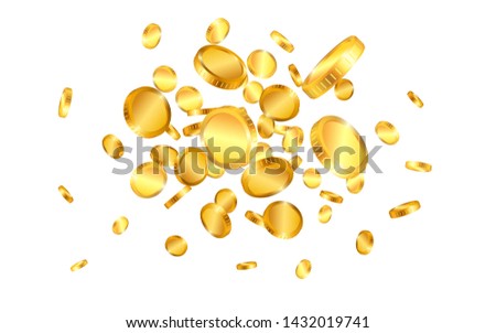 Realistic gold coins explosion isolated on white background. Vector illustration.