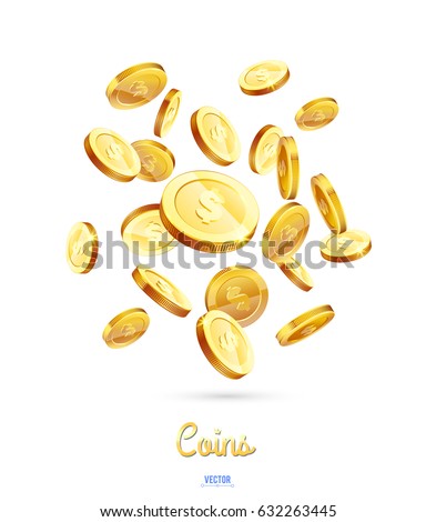Realistic Gold coins explosion. Isolated on white background.