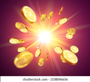 Realistic Gold coins explosion on red background.