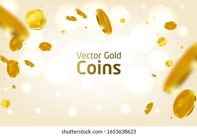 Realistic Gold coins explosion. For your online casino design. Flying gold coins vector illustration. Jackpot or success concept. Illustration of 3d golden coins with dollar sign.