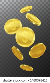 Realistic gold coins falling down. Isolated on white background. Vector illustration EPS10.