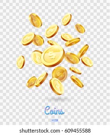 Realistic Gold coins falling down. Isolated on transparent background.