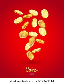 Realistic Gold coins falling down. Isolated on red background.