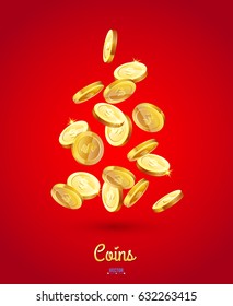 Realistic Gold coins falling down. Isolated on red background.