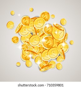 Realistic Gold coins falling down. Isolated on white background. Vector illustration