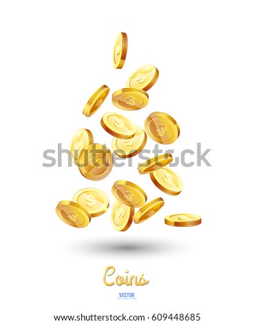 Realistic Gold coins falling down. Isolated on white background