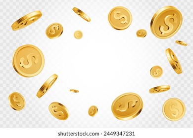 Monedas de oro realistas. Fondo de explosión de monedas de oro, concepto de dinero en efectivo del premio mayor del casino, brillante ilustración de fondo de Vector del tesoro del oro 3D. Precioso premio en el casino, tener suerte. Lluvia de dinero brillante