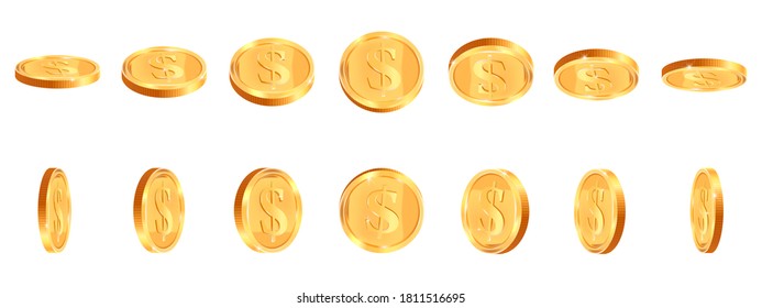 Realistic gold coins. Golden shiny cash coin, jackpot coin dollar animation, gold 3D treasure prize, golden money vector illustration icons set. Gambling concept, winning in casino