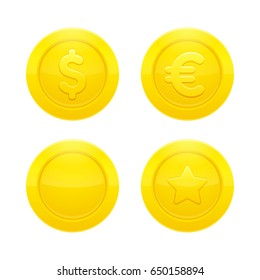 Realistic gold coins icon set (euro, dollar, blank and star) isolated on white background. Business and finance vector illustration.