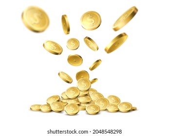 Realistic gold coins pile. Golden dollars pour