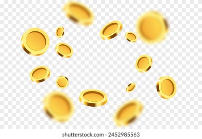 Realistic gold coins png. Explosion of gold coins png. Gold coins fall from the sky. Victory, easy money.