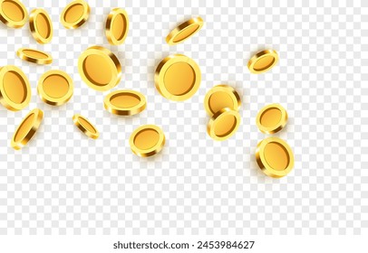 Realistic gold coins png. Explosion of gold coins png. Gold coins fall from the sky. Victory, easy money.