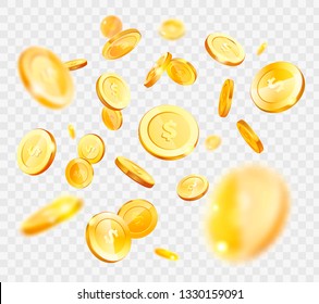 Realistic Gold Coins Vector, Money Falling Down, American Currency Isolated On Transparent Background, Finances And Assets, Wealth And Richness, Big Capital