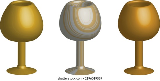 Realistic gold colored shiny wine glass with different styles