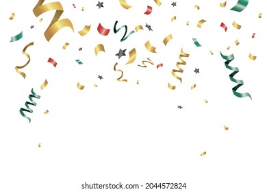 Realistic gold and colorful falling confetti Vector confetti for graphic design Isolated on white background Paper cut decorations. Decoration for celebration, birthday, new year, holiday or any else.