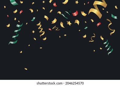 Realistic gold and colorful falling confetti Vector confetti for graphic design Isolated on black background Paper cut decorations. Decoration for celebration, birthday, new year, holiday or any else.