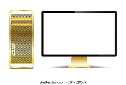 A realistic gold computer tower and screen isolated on a white background