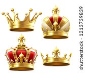 Realistic gold crown. Crowning headdress for king and queen. Royal golden noble aristocrat monarchy red jewel crowns. Monarch jewels royalty luxury coronation 3d vector isolated icons set