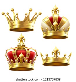 Realistic gold crown. Crowning headdress for king and queen. Royal golden noble aristocrat monarchy red jewel crowns. Monarch jewels royalty luxury coronation 3d vector isolated icons set