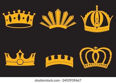 Realistic gold crown. Crowning headdress for king and queen. Royal golden noble aristocrat monarchy red jewel crowns. Monarch jewels royalty luxury coronation 3d vector isolated icons set