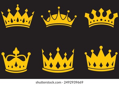 Realistic gold crown. Crowning headdress for king and queen. Royal golden noble aristocrat monarchy red jewel crowns. Monarch jewels royalty luxury coronation 3d vector isolated icons set