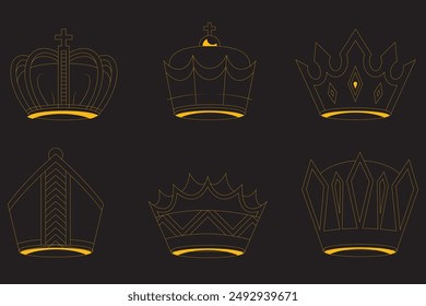 Realistic gold crown. Crowning headdress for king and queen. Royal golden noble aristocrat monarchy red jewel crowns. Monarch jewels royalty luxury coronation 3d vector isolated icons set