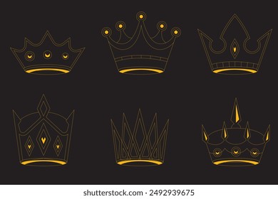 Realistic gold crown. Crowning headdress for king and queen. Royal golden noble aristocrat monarchy red jewel crowns. Monarch jewels royalty luxury coronation 3d vector isolated icons set