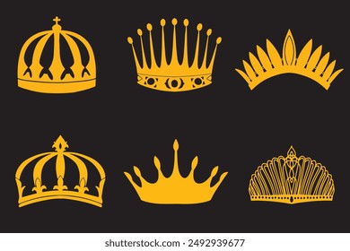 Realistic gold crown. Crowning headdress for king and queen. Royal golden noble aristocrat monarchy red jewel crowns. Monarch jewels royalty luxury coronation 3d vector isolated icons set