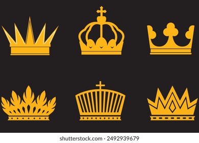 Realistic gold crown. Crowning headdress for king and queen. Royal golden noble aristocrat monarchy red jewel crowns. Monarch jewels royalty luxury coronation 3d vector isolated icons set