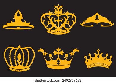 Realistic gold crown. Crowning headdress for king and queen. Royal golden noble aristocrat monarchy red jewel crowns. Monarch jewels royalty luxury coronation 3d vector isolated icons set