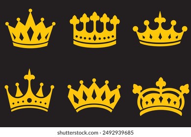 Realistic gold crown. Crowning headdress for king and queen. Royal golden noble aristocrat monarchy red jewel crowns. Monarch jewels royalty luxury coronation 3d vector isolated icons set