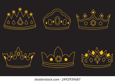 Realistic gold crown. Crowning headdress for king and queen. Royal golden noble aristocrat monarchy red jewel crowns. Monarch jewels royalty luxury coronation 3d vector isolated icons set