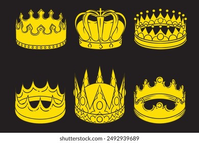 Realistic gold crown. Crowning headdress for king and queen. Royal golden noble aristocrat monarchy red jewel crowns. Monarch jewels royalty luxury coronation 3d vector isolated icons set