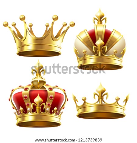 Realistic gold crown. Crowning headdress for king and queen. Royal golden noble aristocrat monarchy red jewel crowns. Monarch jewels royalty luxury coronation 3d vector isolated icons set Foto stock © 