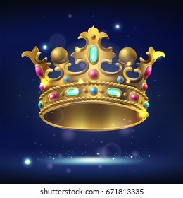 realistic gold crown with precious stones on a dark luminous background, vector illustration