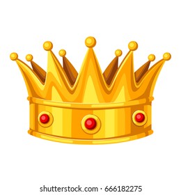 Realistic gold crown with red rubies. Illustration of award for sports or corporate competitions.